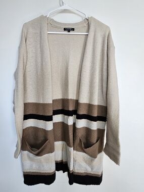 GEORGE Striped Open Front Cardigan Beige Brown Knit Sweater Pocket XS🔥